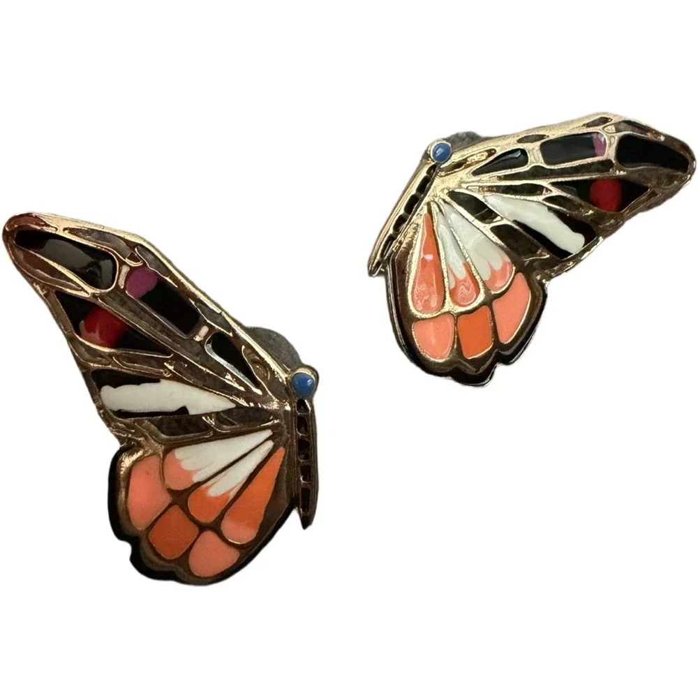 Monarch Butterfly Stud Earrings Gold Tone Enamel Orange Black Statement Jewelry